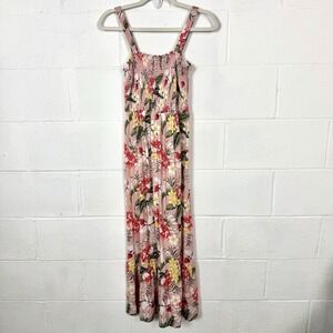 Ophelia Roe Maxi Sundress Pink Floral Smocked Tiered Tropical Cottage Resort M